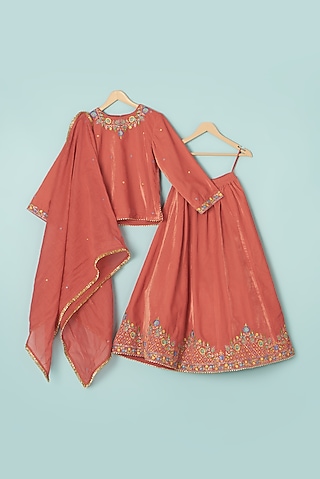 Orange Velvet Embroidered Lehenga Set For Girls by Boteh