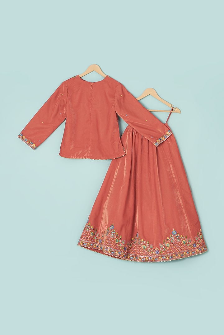 Orange Velvet Embroidered Lehenga Set For Girls by Boteh at Pernia's Pop Up Shop