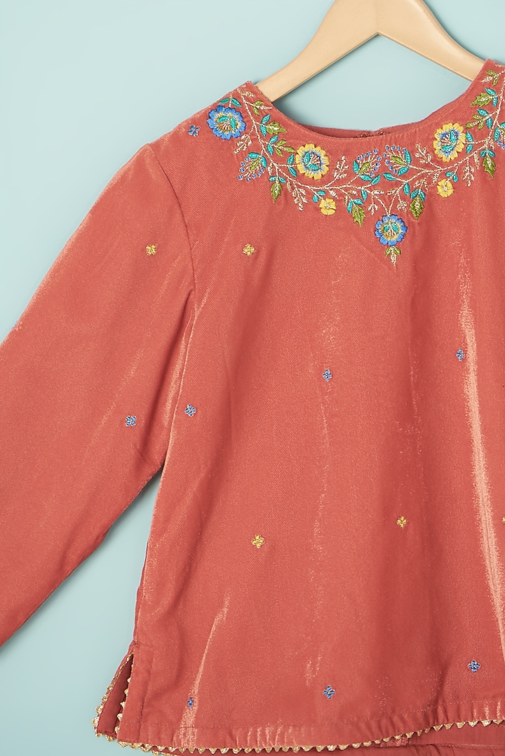 Orange Velvet Embroidered Lehenga Set For Girls by Boteh at Pernia's Pop Up Shop