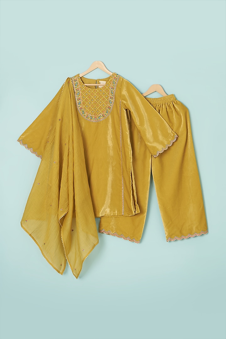 Yellow Velvet Embroidered Kurta Set For Girls by Boteh