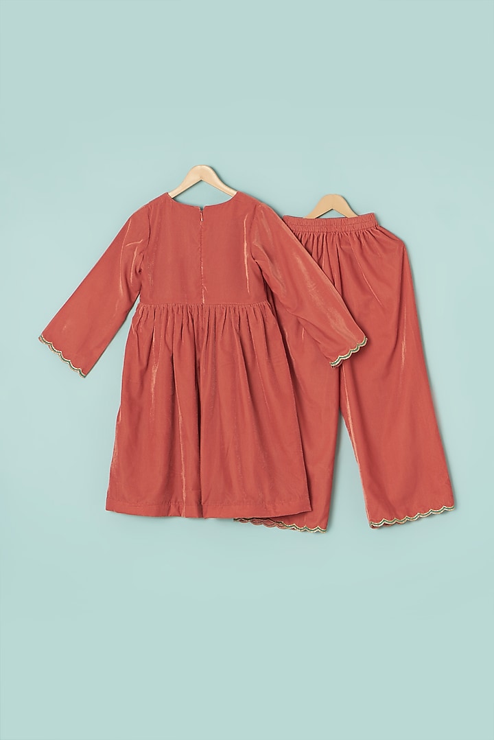 Orange Velvet Embroidered Kurta Set For Girls by Boteh at Pernia's Pop Up Shop