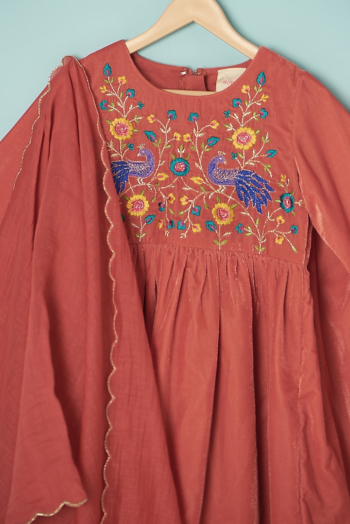 Orange Velvet Embroidered Kurta Set For Girls by Boteh at Pernia's Pop Up Shop