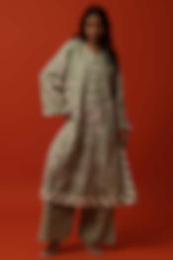 Aqua Cotton Floral Thread Embroidered Kurta Set by BO TREE at Pernia's Pop Up Shop