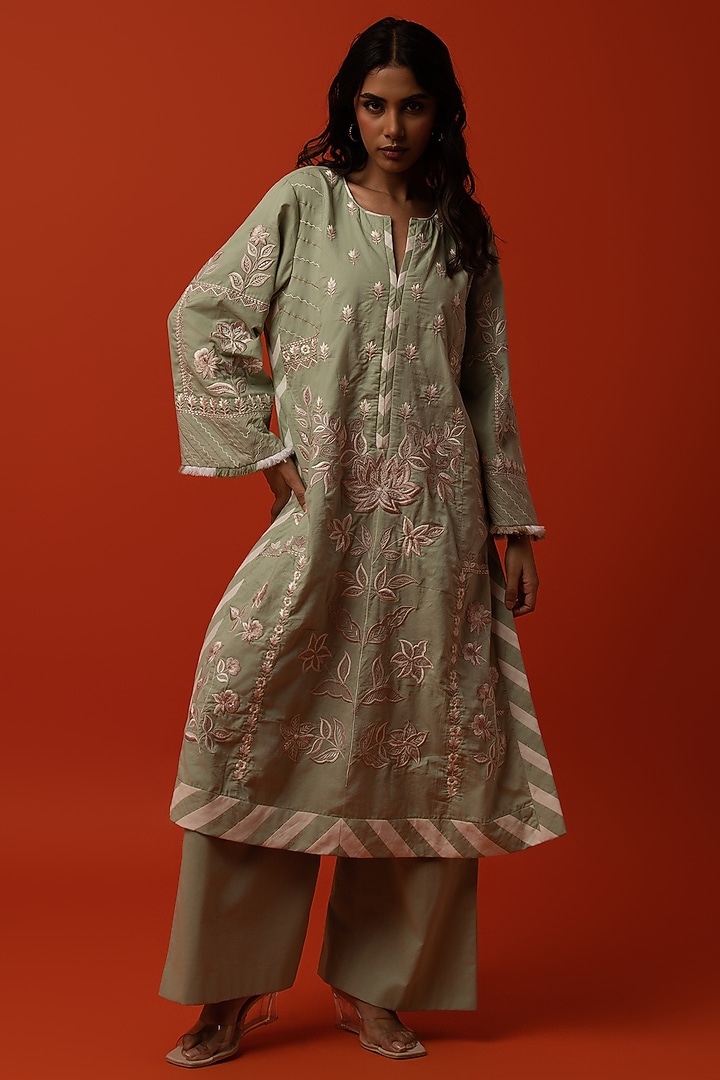 Aqua Cotton Floral Thread Embroidered Kurta Set by BO TREE at Pernia's Pop Up Shop
