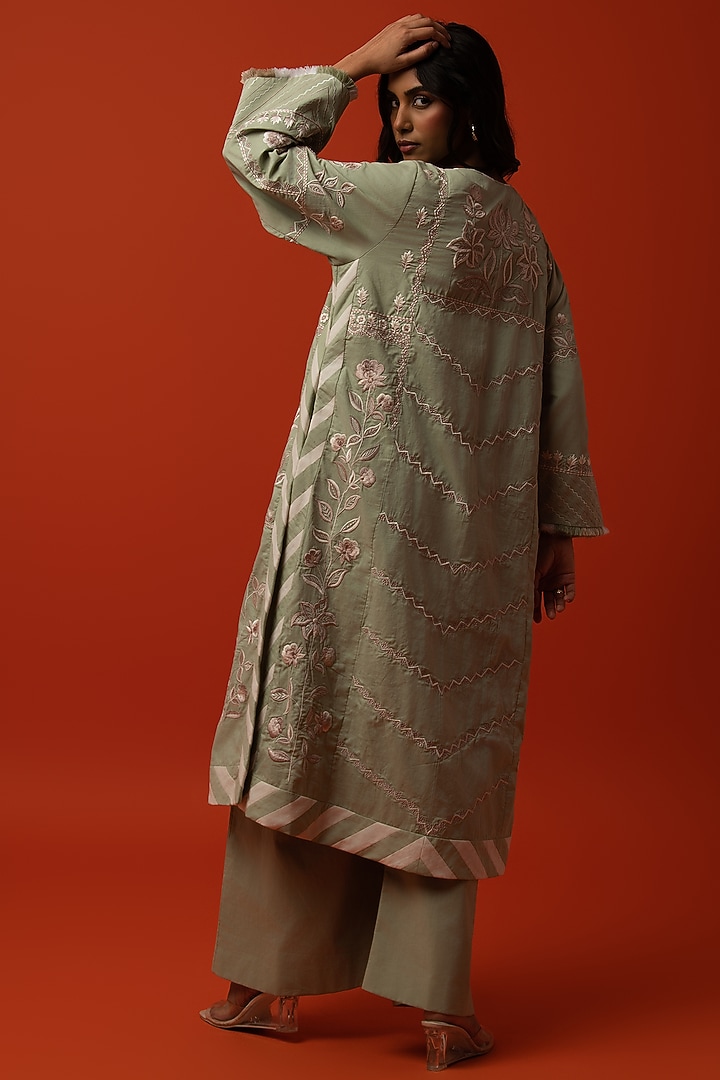 Aqua Cotton Floral Thread Embroidered Kurta Set by BO TREE at Pernia's Pop Up Shop