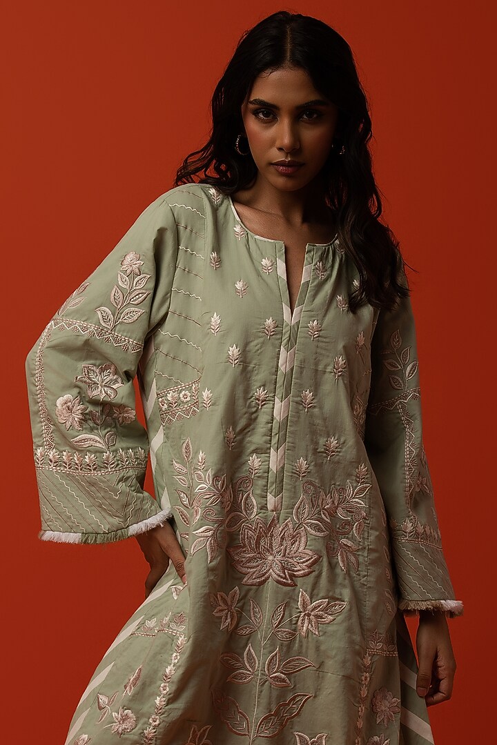 Aqua Cotton Floral Thread Embroidered Kurta Set by BO TREE at Pernia's Pop Up Shop