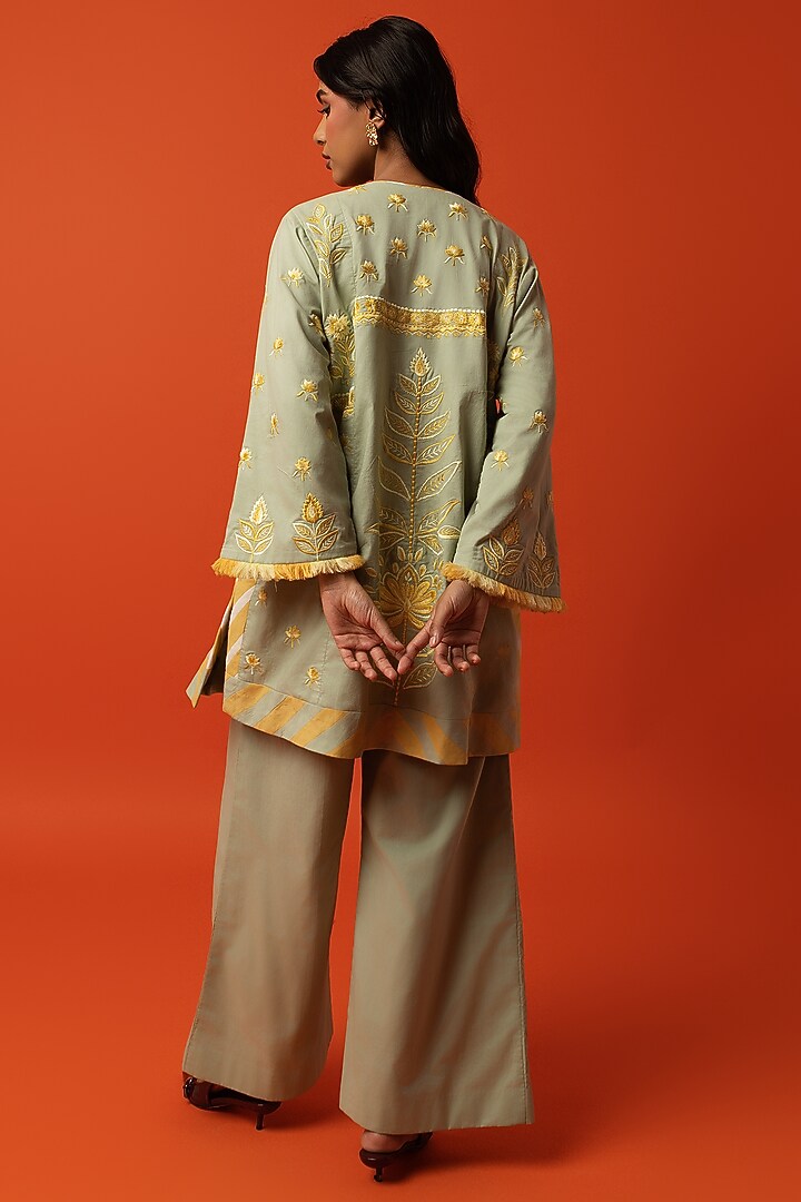 Aqua Cotton Floral Thread Embroidered Kurta Set by BO TREE at Pernia's Pop Up Shop