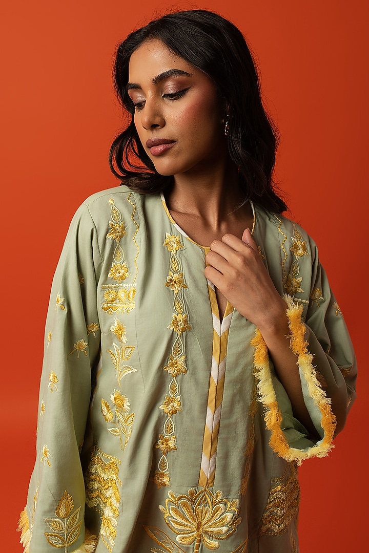 Aqua Cotton Floral Thread Embroidered Kurta Set by BO TREE at Pernia's Pop Up Shop