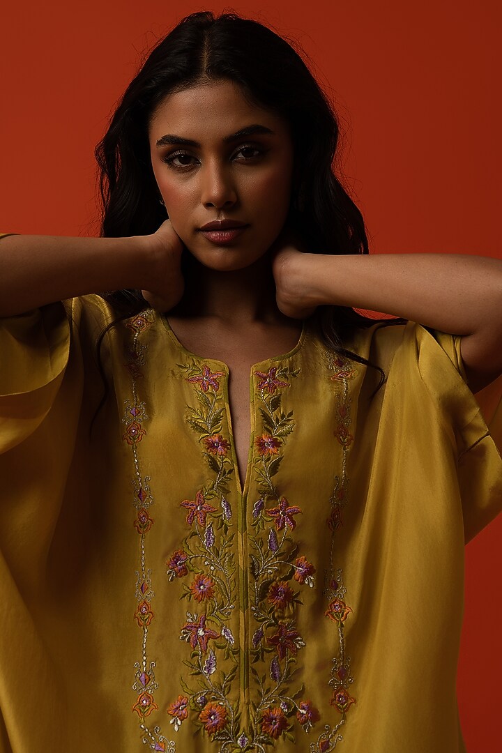 Yellow Silk Floral Thread Embroidered Kaftan Set by BO TREE at Pernia's Pop Up Shop