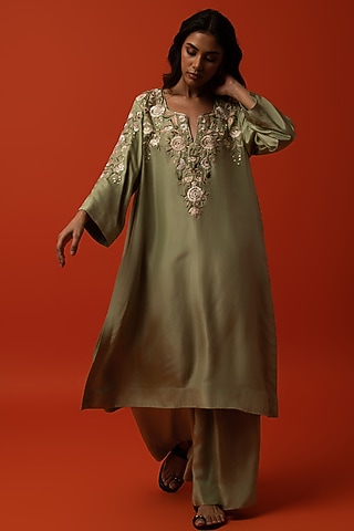 Sage Green Silk Floral Thread Embroidered Kurta Set by BO TREE