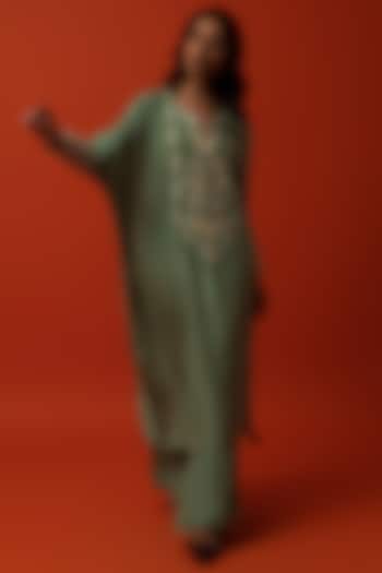 Aqua Green Silk Floral Thread Embroidered Kurta Set by BO TREE at Pernia's Pop Up Shop