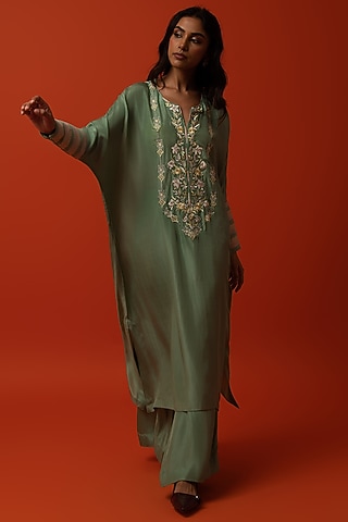 Aqua Green Silk Floral Thread Embroidered Kurta Set by BO TREE