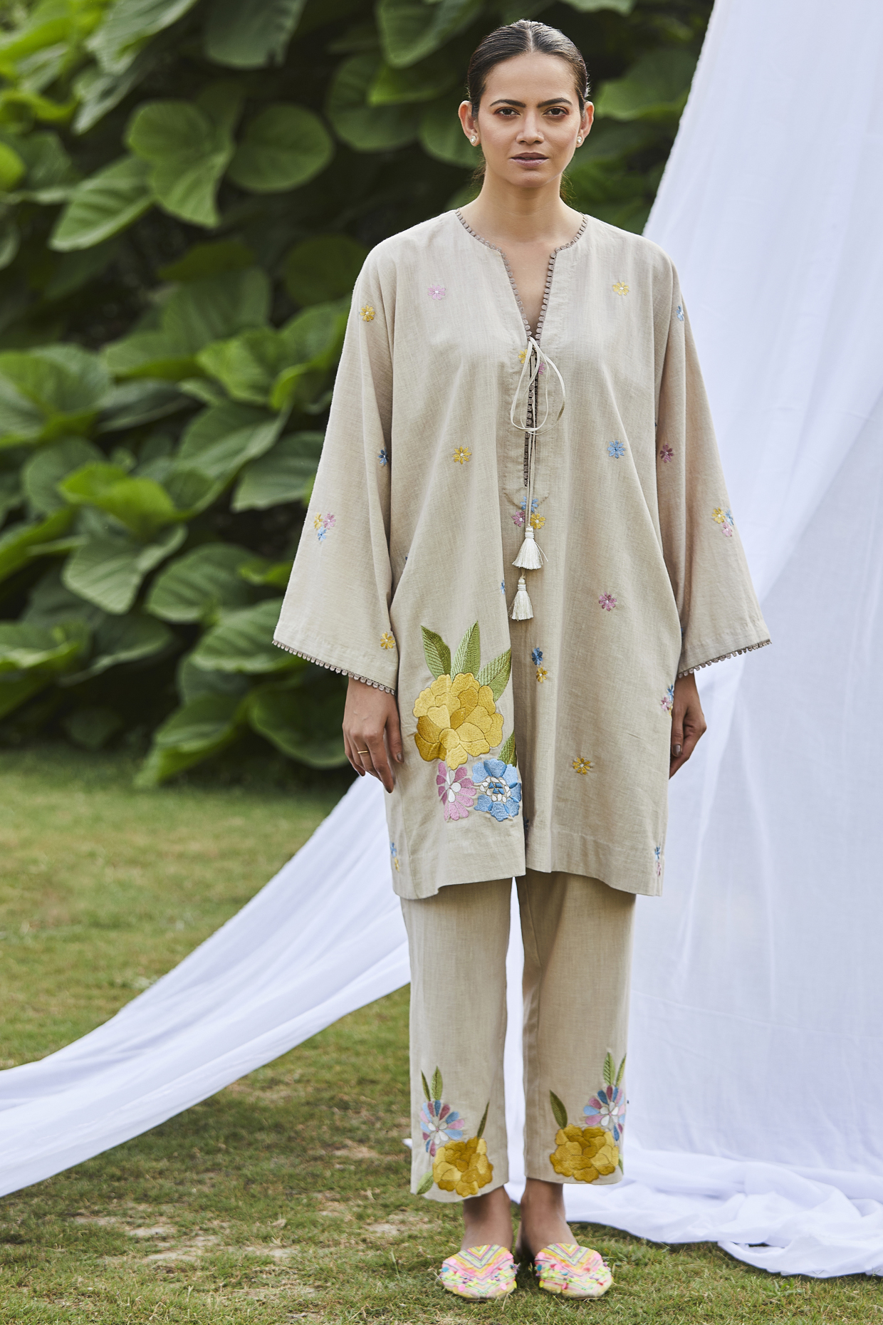 Beige Cotton Slub Silk Thread Embroidered Kaftan Set by BO TREE at Pernia's Pop Up Shop