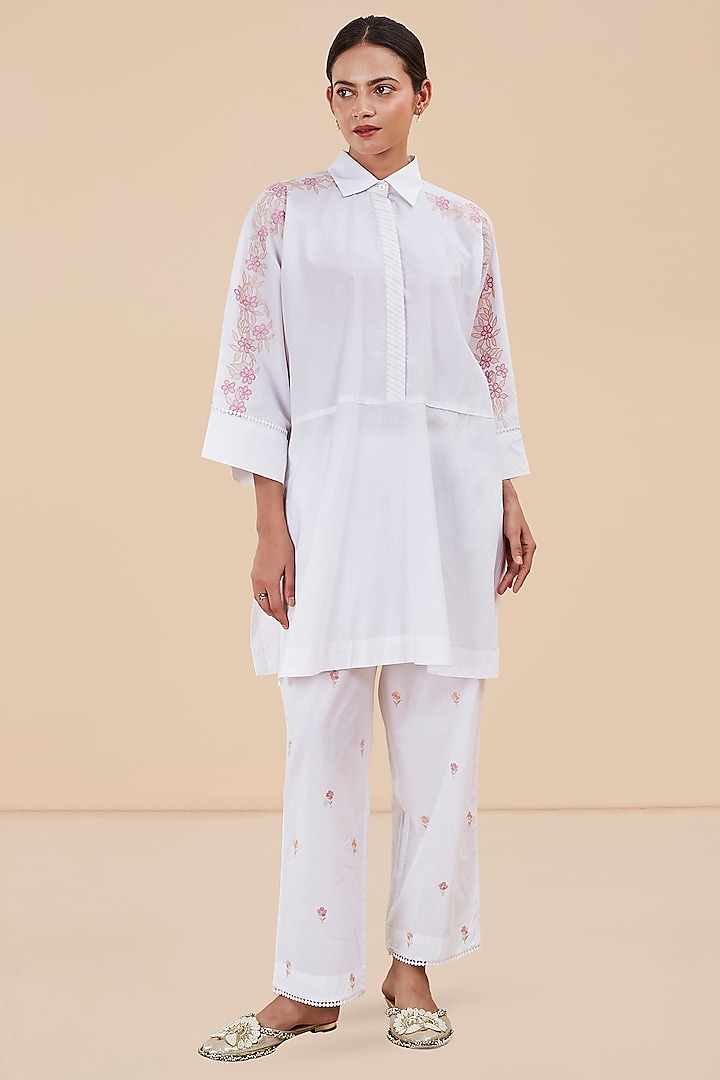 White Organic Cotton Applique Embroidered Kaftan Set by BO TREE at Pernia's Pop Up Shop