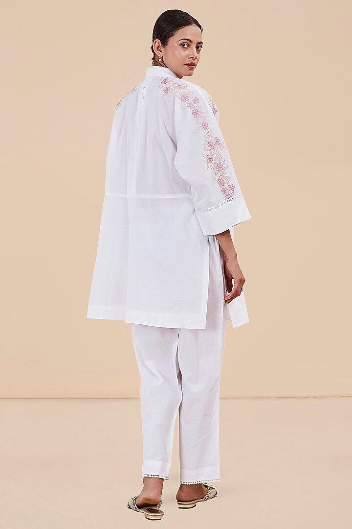 White Organic Cotton Applique Embroidered Kaftan Set by BO TREE at Pernia's Pop Up Shop