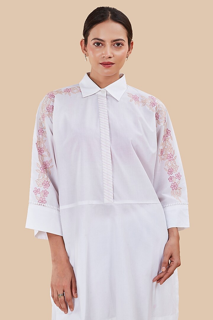 White Organic Cotton Applique Embroidered Kaftan Set by BO TREE at Pernia's Pop Up Shop