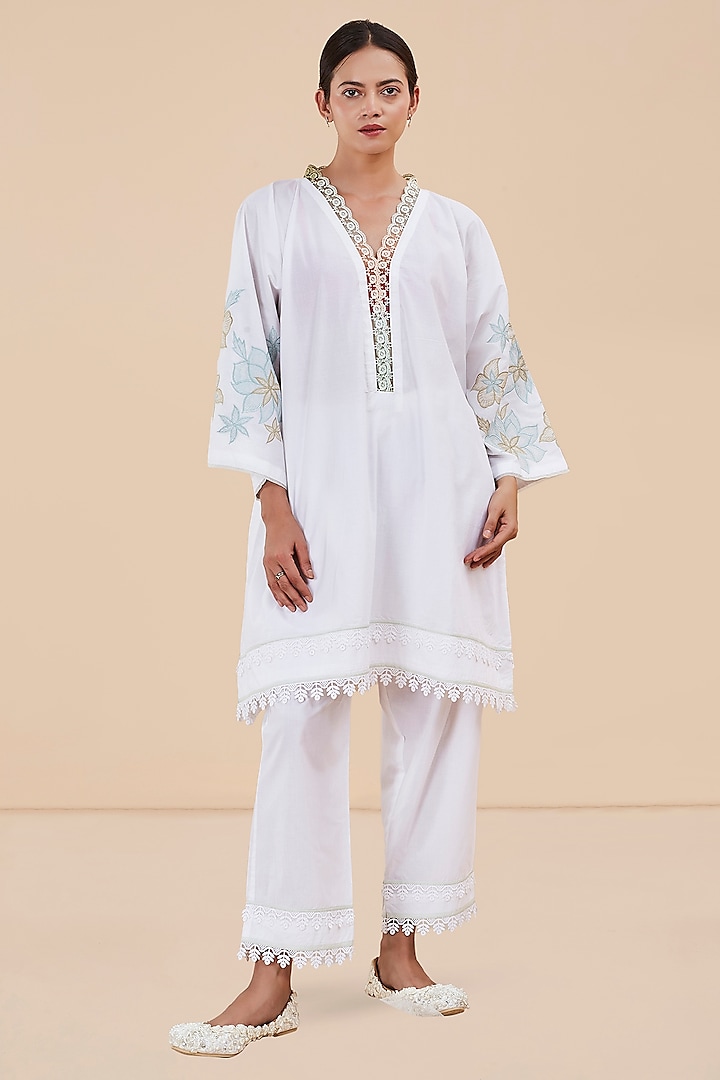 White Organic Cotton Floral Applique Embroidered Kaftan Set by BO TREE at Pernia's Pop Up Shop