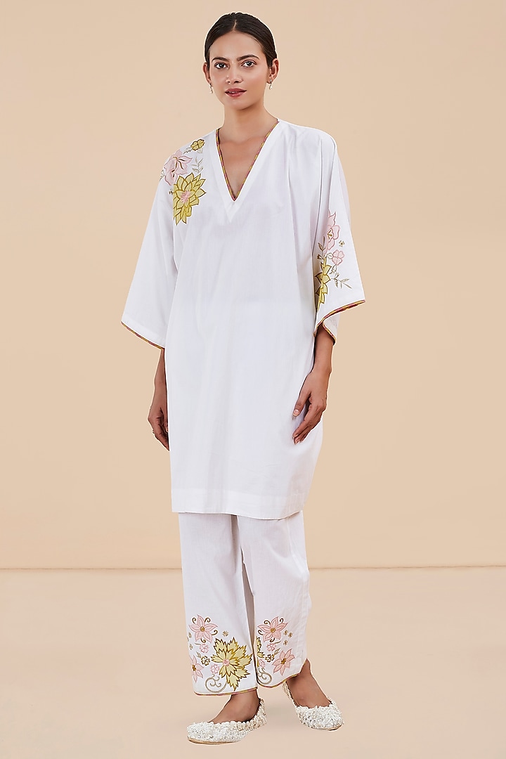 White Organic Cotton Floral Applique Embroidered Kaftan Set by BO TREE at Pernia's Pop Up Shop