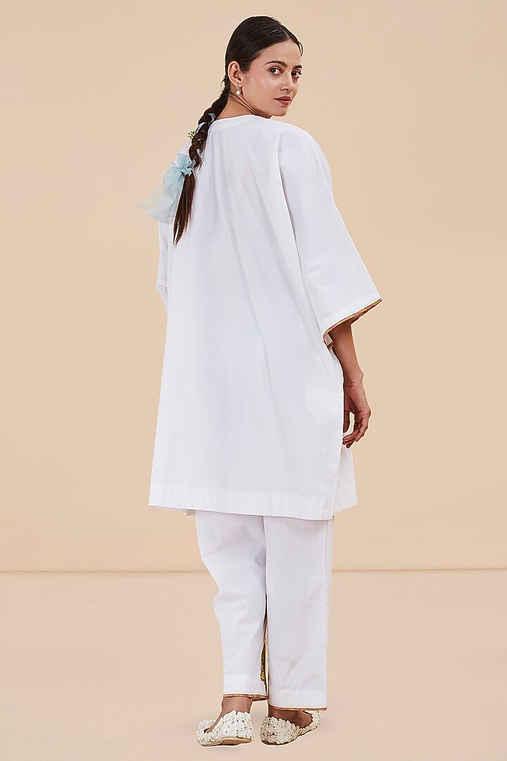 White Organic Cotton Floral Applique Embroidered Kaftan Set by BO TREE at Pernia's Pop Up Shop