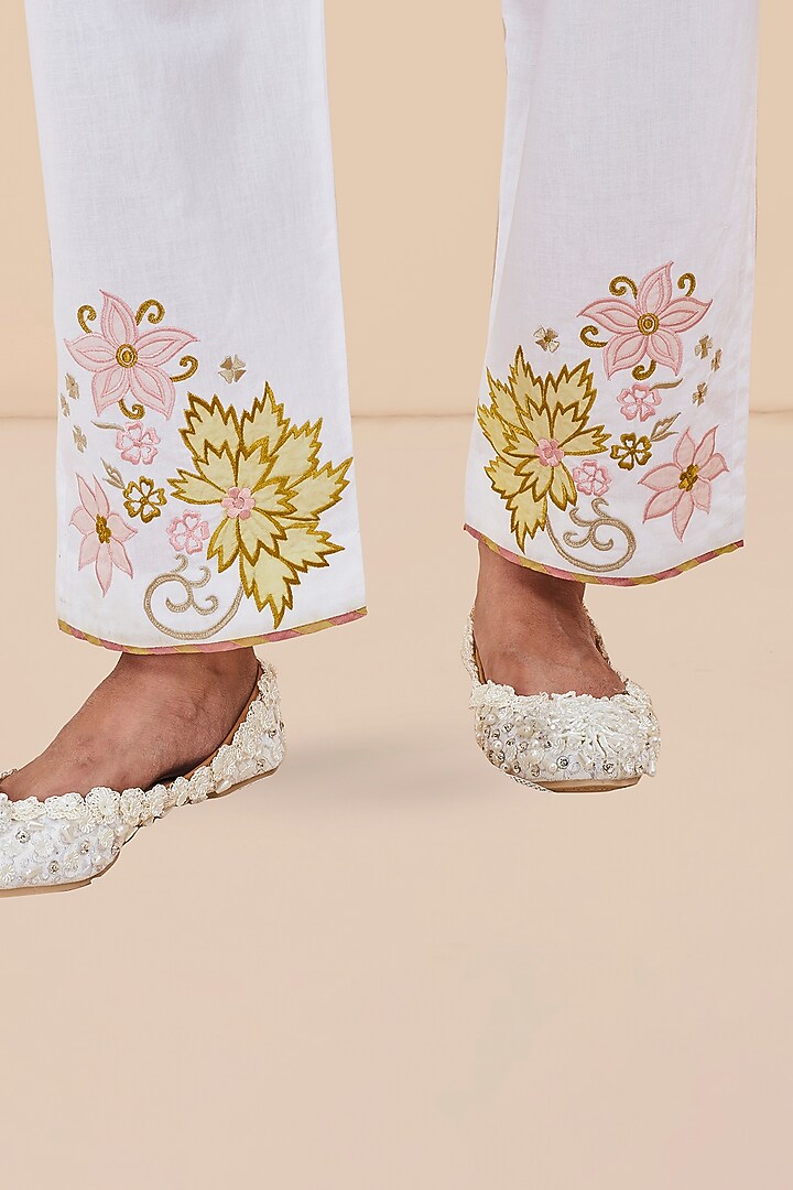 White Organic Cotton Floral Applique Embroidered Kaftan Set by BO TREE at Pernia's Pop Up Shop