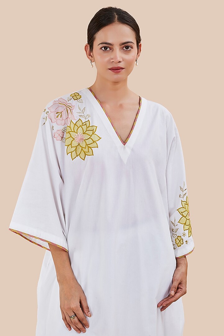 White Organic Cotton Floral Applique Embroidered Kaftan Set by BO TREE at Pernia's Pop Up Shop