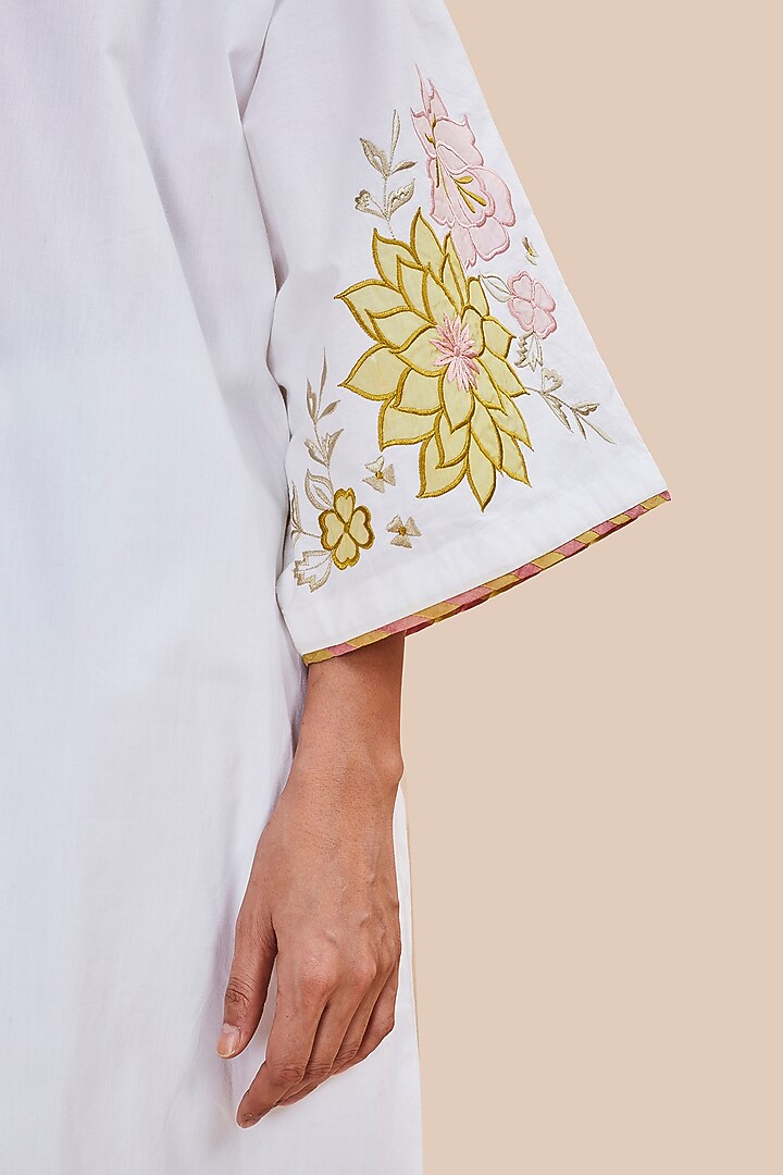 White Organic Cotton Floral Applique Embroidered Kaftan Set by BO TREE at Pernia's Pop Up Shop
