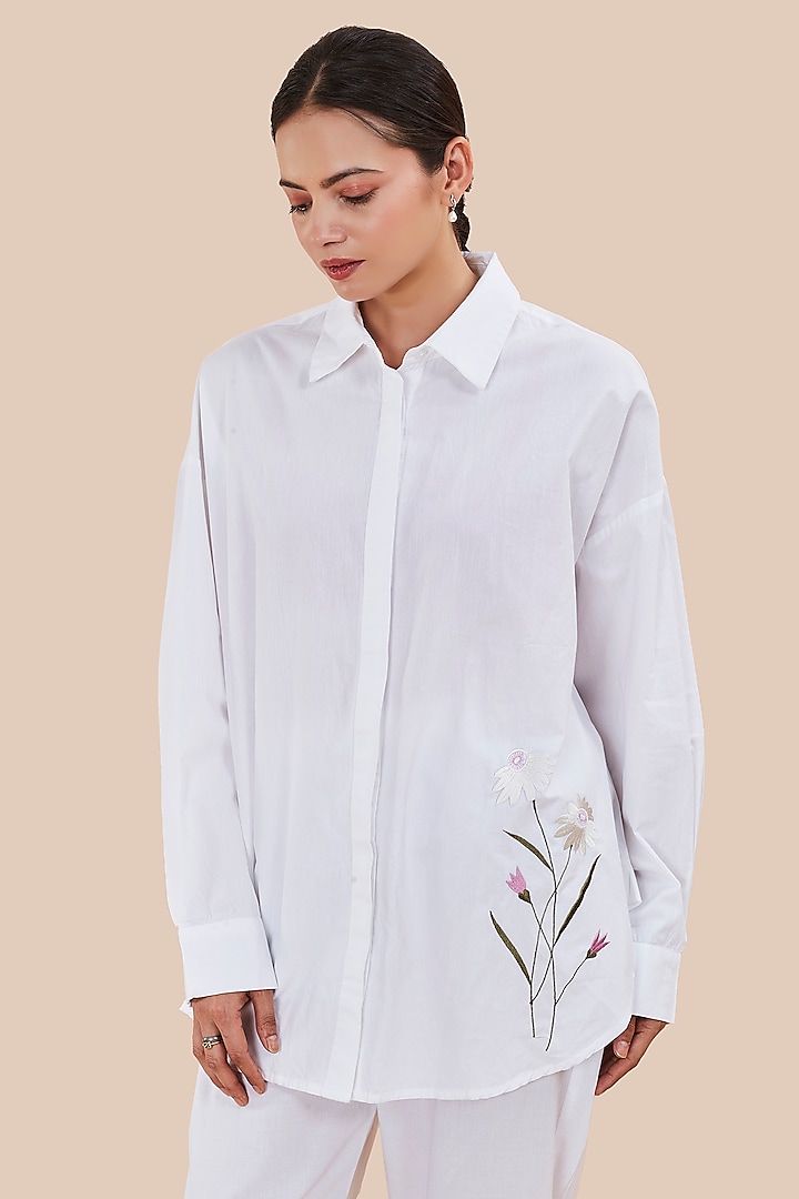 White Organic Cotton Embroidered Shirt by BO TREE at Pernia's Pop Up Shop