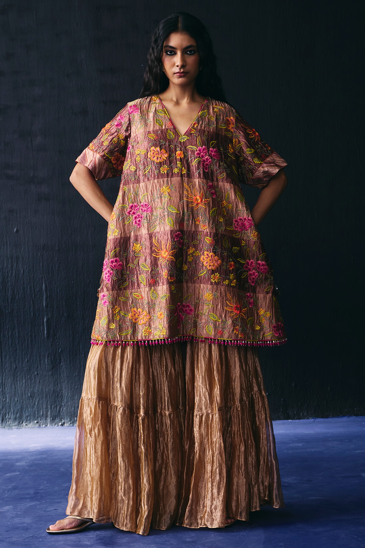 BO TREE Multi-Colored Tissue Thread Embroidered Short Paneled Kurta Set