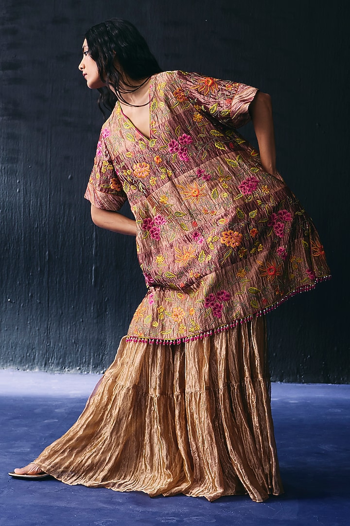Multi-Colored Tissue Thread Embroidered Short Paneled Kurta Set by BO TREE at Pernia's Pop Up Shop