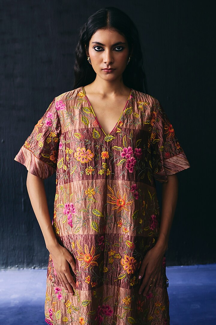 Multi-Colored Tissue Thread Embroidered Short Paneled Kurta Set by BO TREE at Pernia's Pop Up Shop