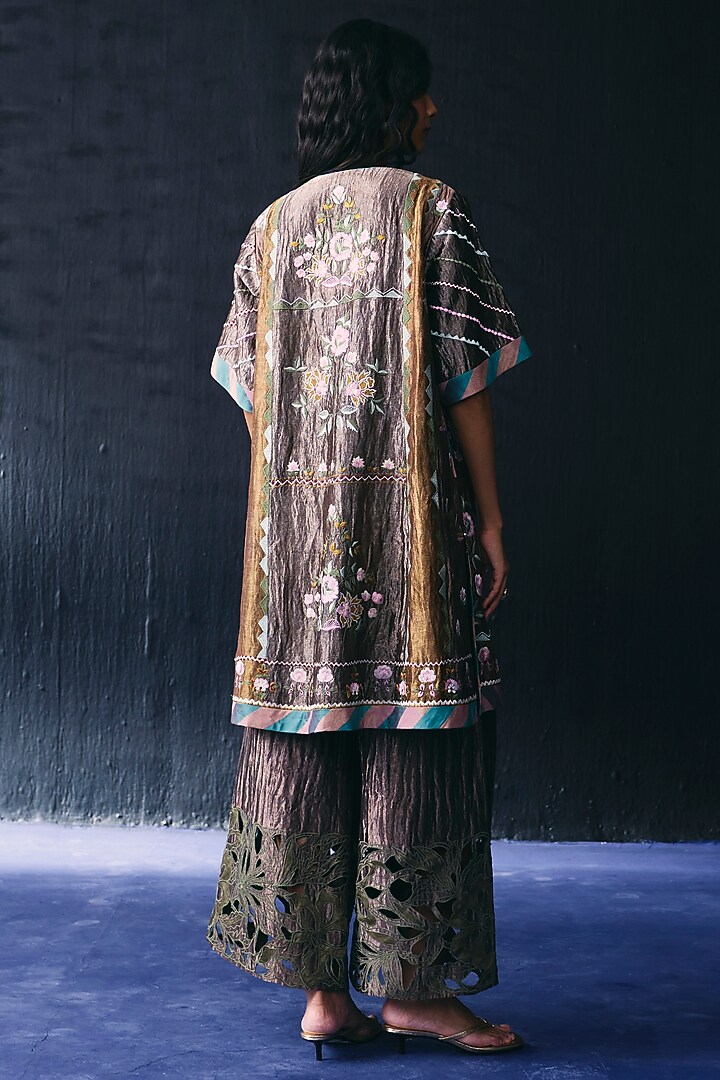 Multi-Colored Tissue Thread Embroidered Paneled Kurta Set by BO TREE at Pernia's Pop Up Shop