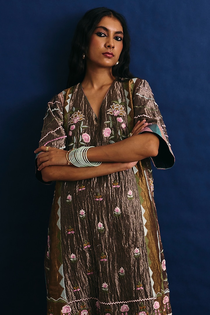 Multi-Colored Tissue Thread Embroidered Paneled Kurta Set by BO TREE at Pernia's Pop Up Shop