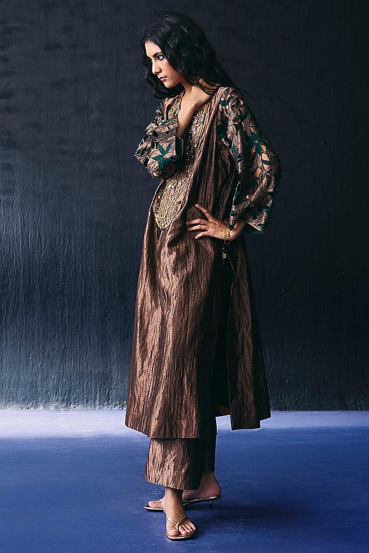 Dark Gold Tissue Cutwork Kurta Set by BO TREE at Pernia's Pop Up Shop