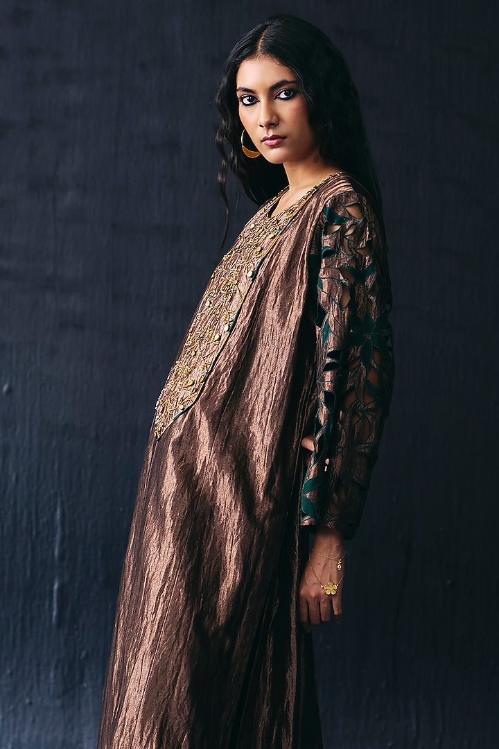 Dark Gold Tissue Cutwork Kurta Set by BO TREE at Pernia's Pop Up Shop