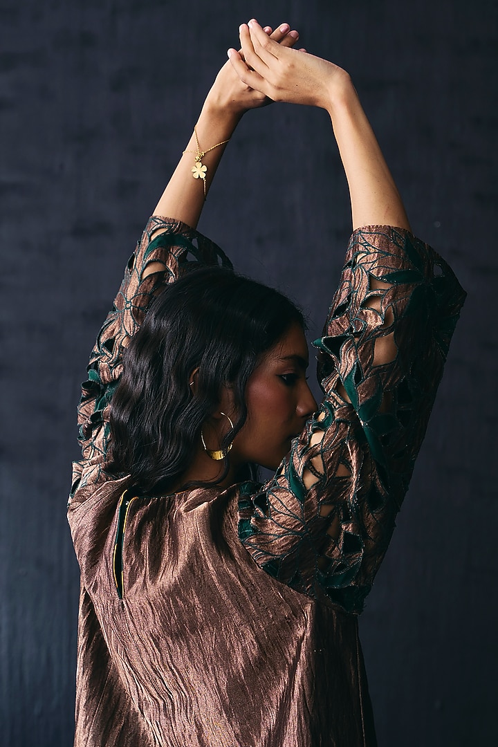 Dark Gold Tissue Cutwork Kurta Set by BO TREE at Pernia's Pop Up Shop