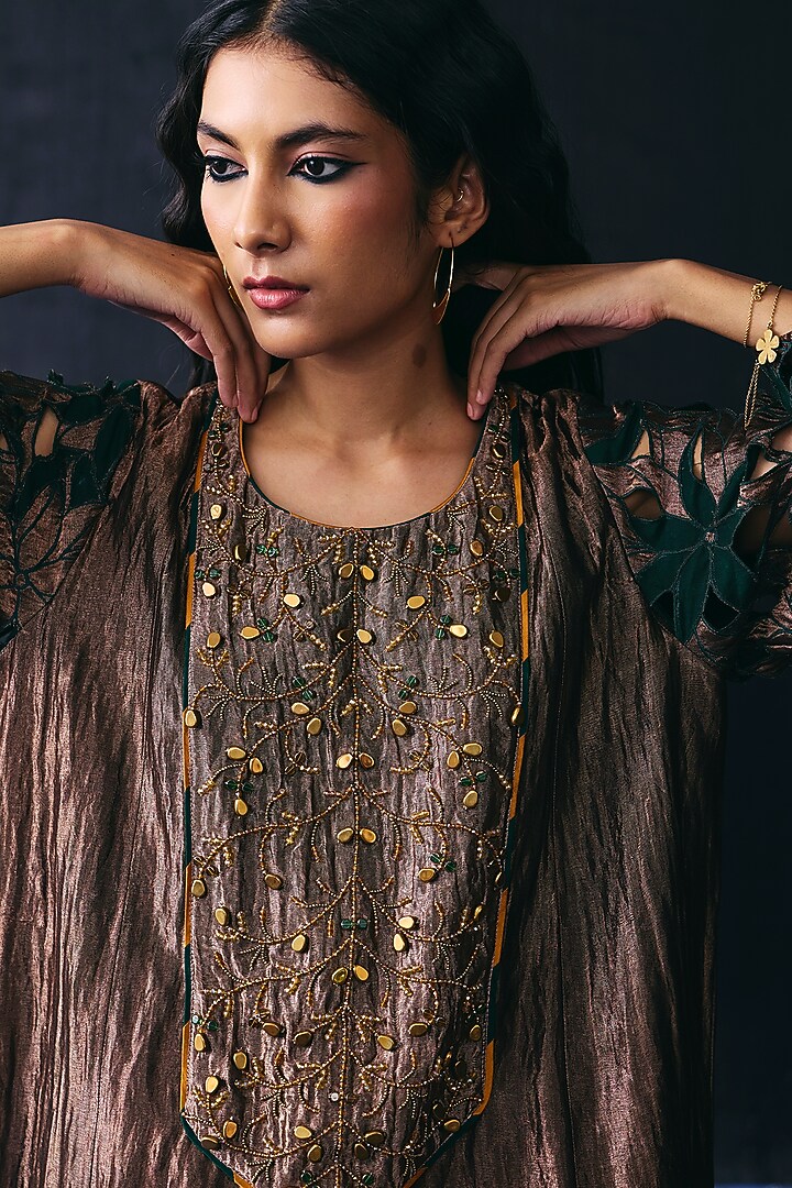 Dark Gold Tissue Cutwork Kurta Set by BO TREE at Pernia's Pop Up Shop
