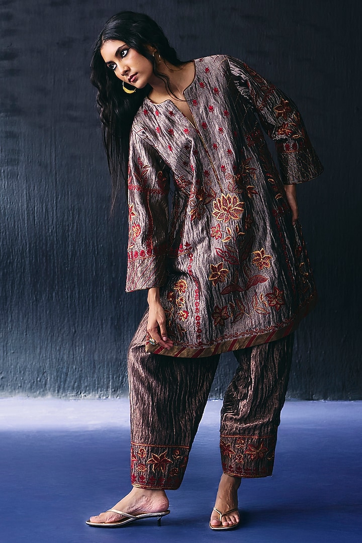 Copper Tissue Zari Embroidered Kurta Set by BO TREE at Pernia's Pop Up Shop