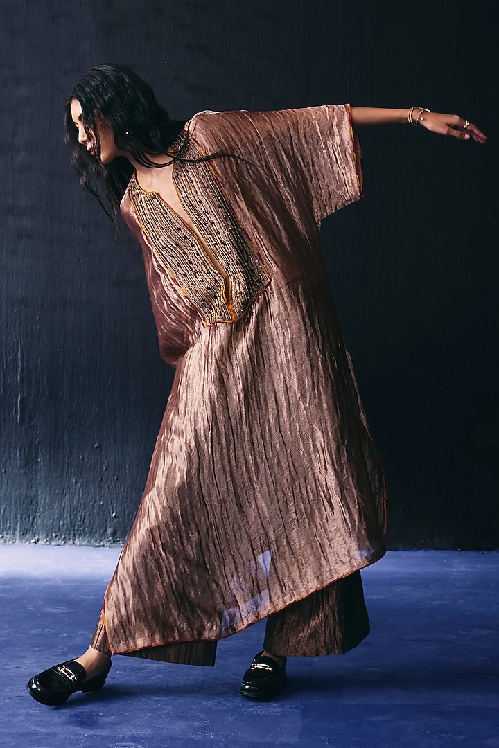Red Tissue Crystal Embroidered Kaftan Set by BO TREE at Pernia's Pop Up Shop