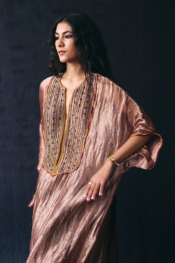 Red Tissue Crystal Embroidered Kaftan Set by BO TREE at Pernia's Pop Up Shop