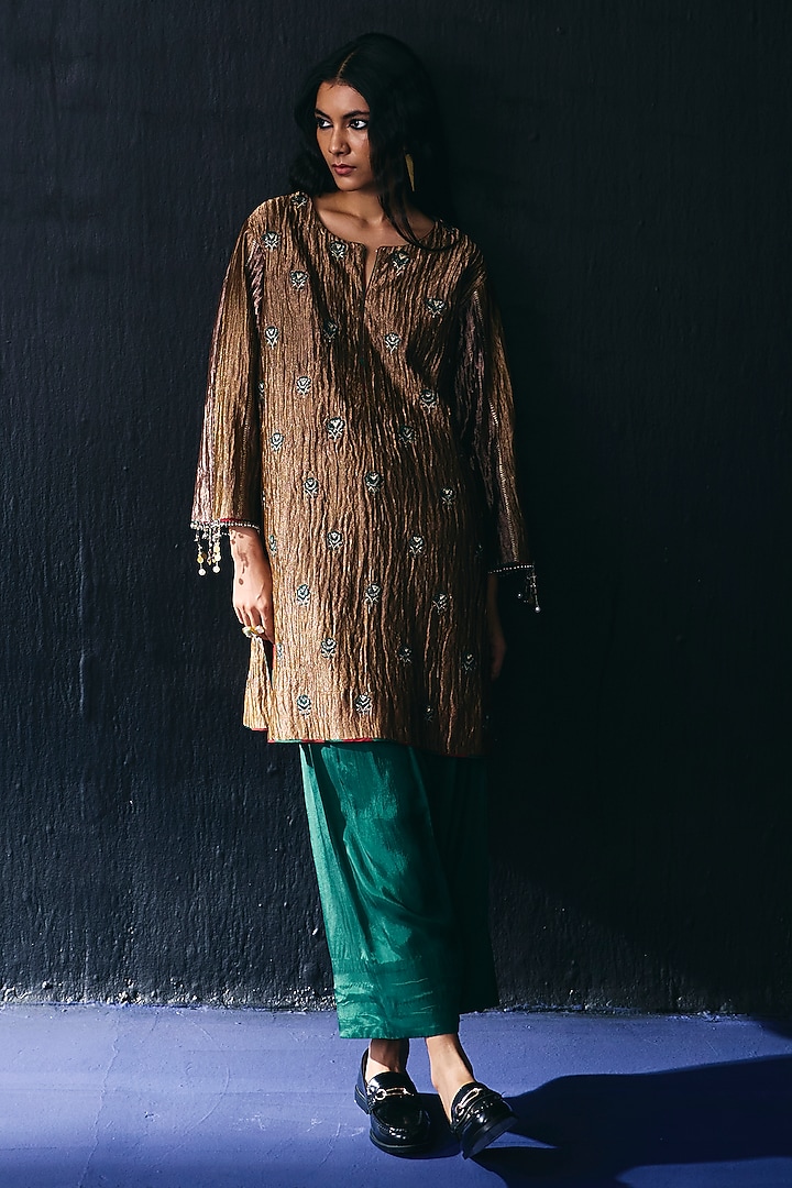 Gold Tissue Bead Embroidered Kurta Set by BO TREE at Pernia's Pop Up Shop