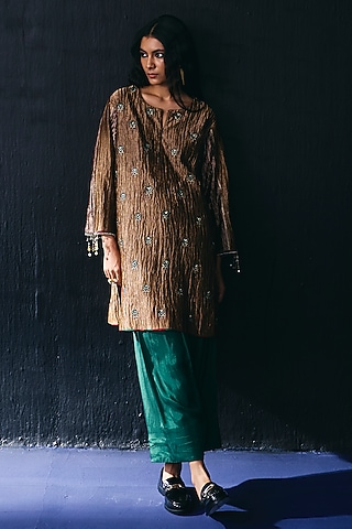 Gold Tissue Bead Embroidered Kurta Set by BO TREE