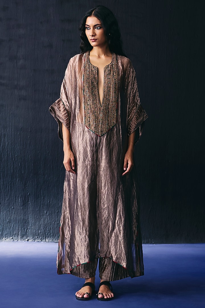 Copper Tissue Crystal Embroidered Kaftan Set by BO TREE at Pernia's Pop Up Shop