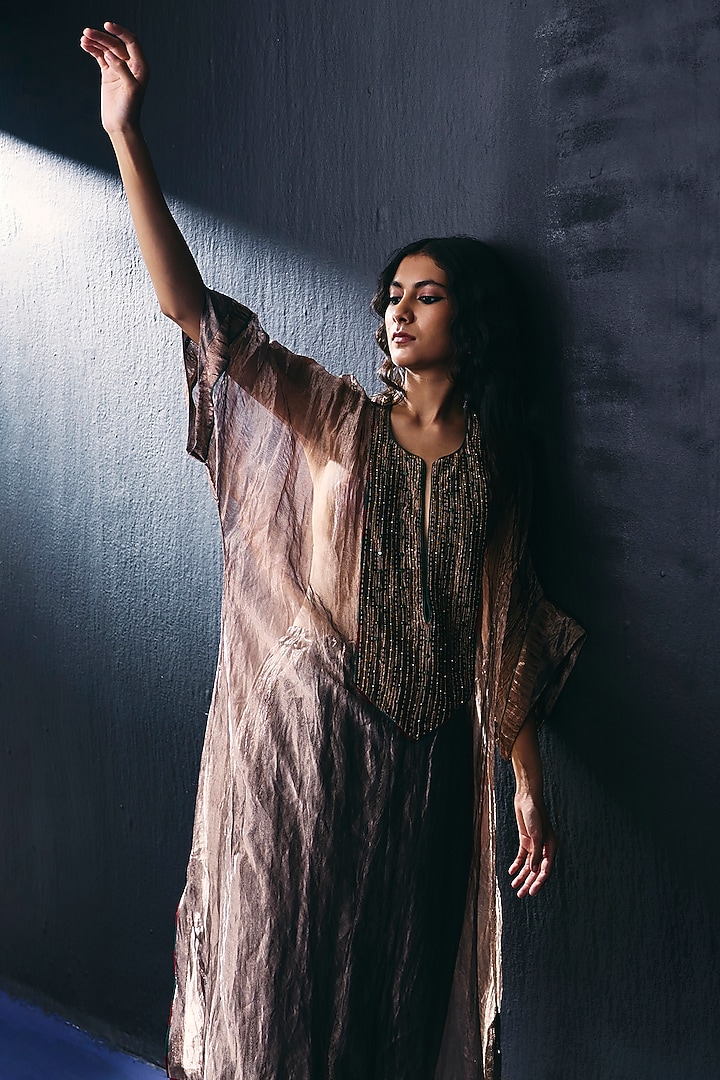 Copper Tissue Crystal Embroidered Kaftan Set by BO TREE at Pernia's Pop Up Shop