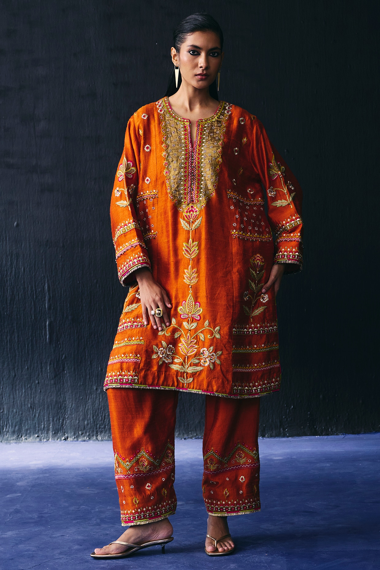 BO TREE Orange Raw Silk Embroidered Kurta Set
