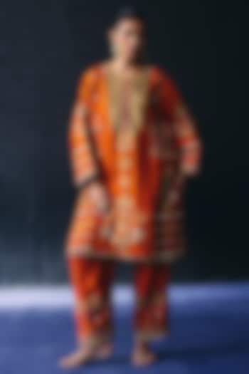 Orange Raw Silk Embroidered Kurta Set by BO TREE at Pernia's Pop Up Shop