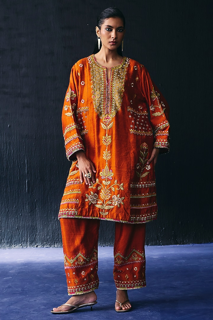 Orange Raw Silk Embroidered Kurta Set by BO TREE at Pernia's Pop Up Shop