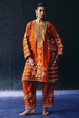 Orange Raw Silk Embroidered Kurta Set by BO TREE