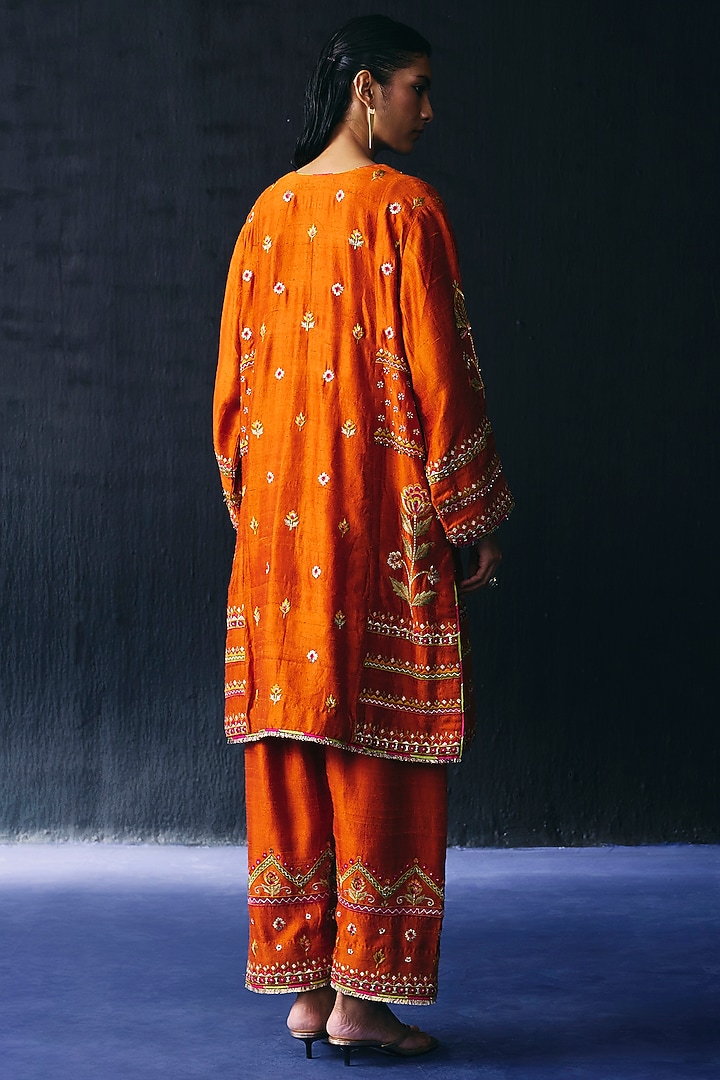 Orange Raw Silk Embroidered Kurta Set by BO TREE at Pernia's Pop Up Shop