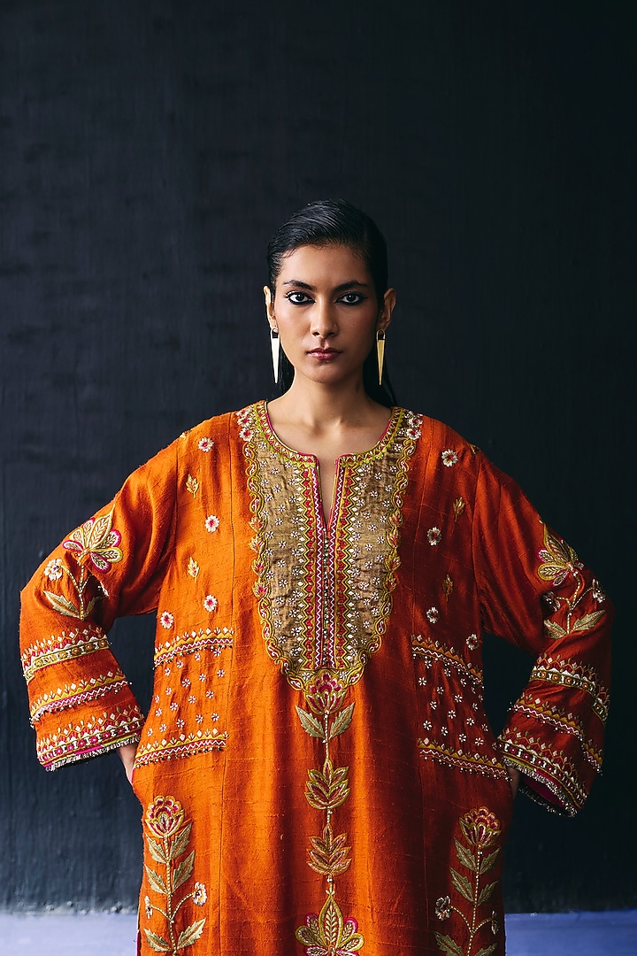 Orange Raw Silk Embroidered Kurta Set by BO TREE at Pernia's Pop Up Shop