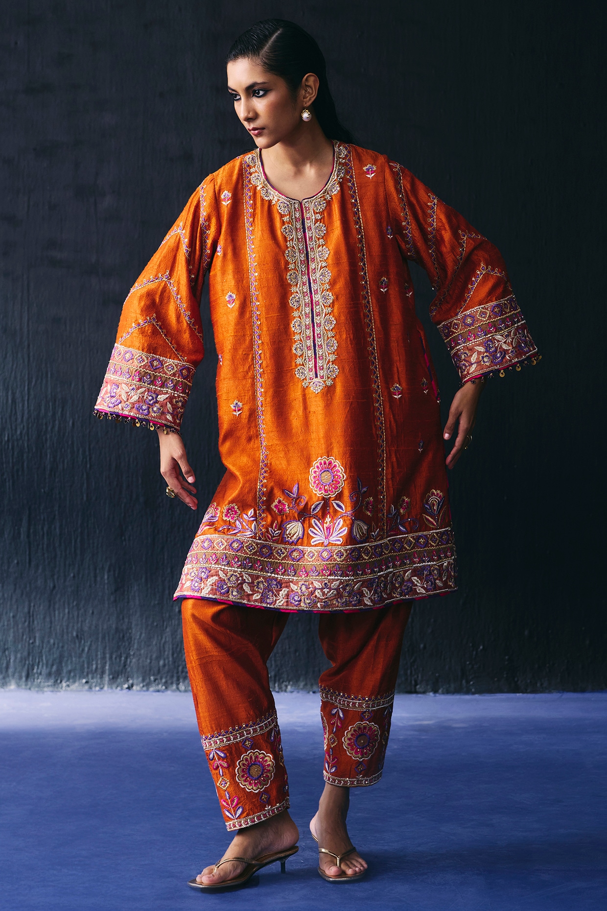 BO TREE Orange Raw Silk Embroidered Kurta Set